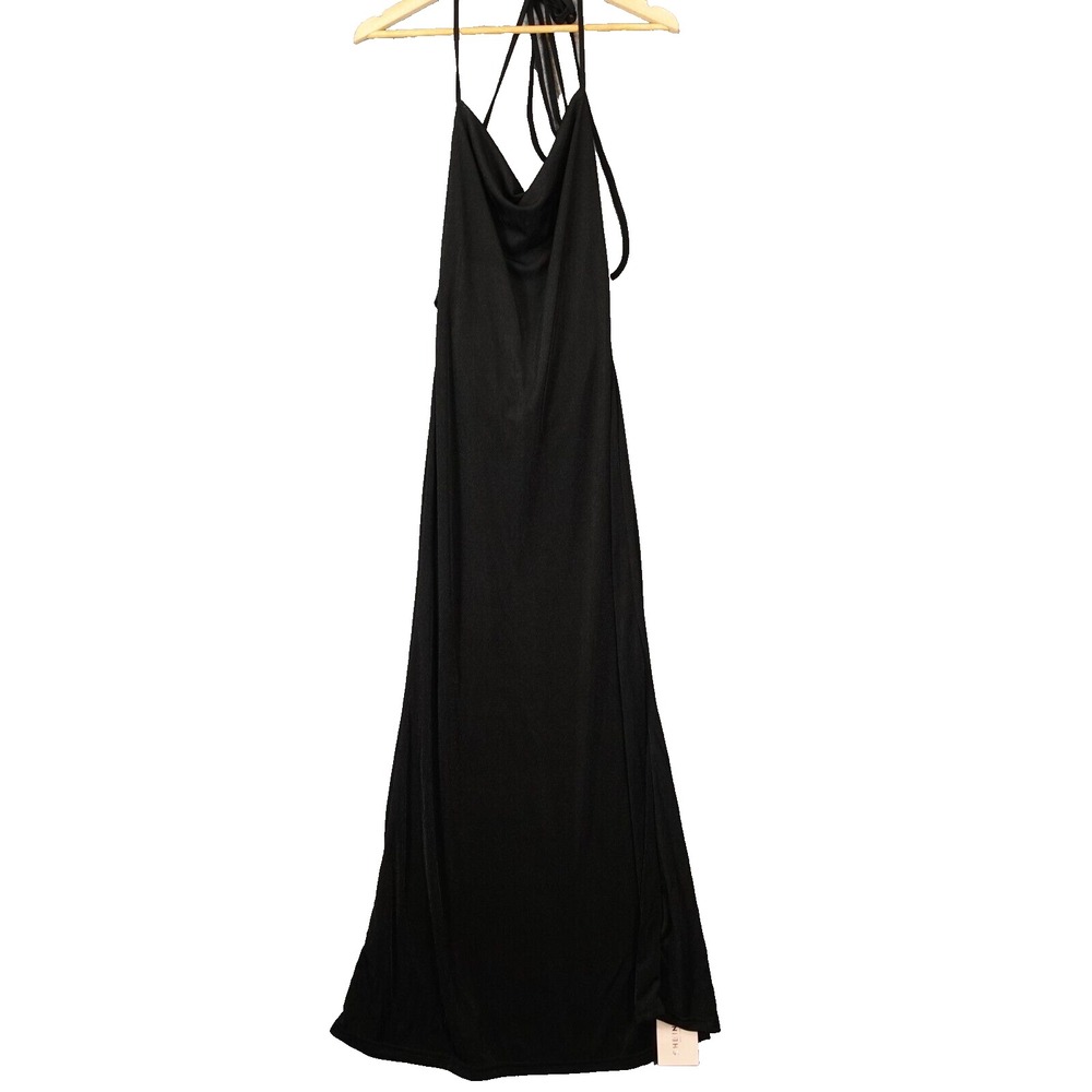 Cowl Neck Long Dress Small Black Sheer Shiny Open Back Flowy Party SHEIN BAE NEW